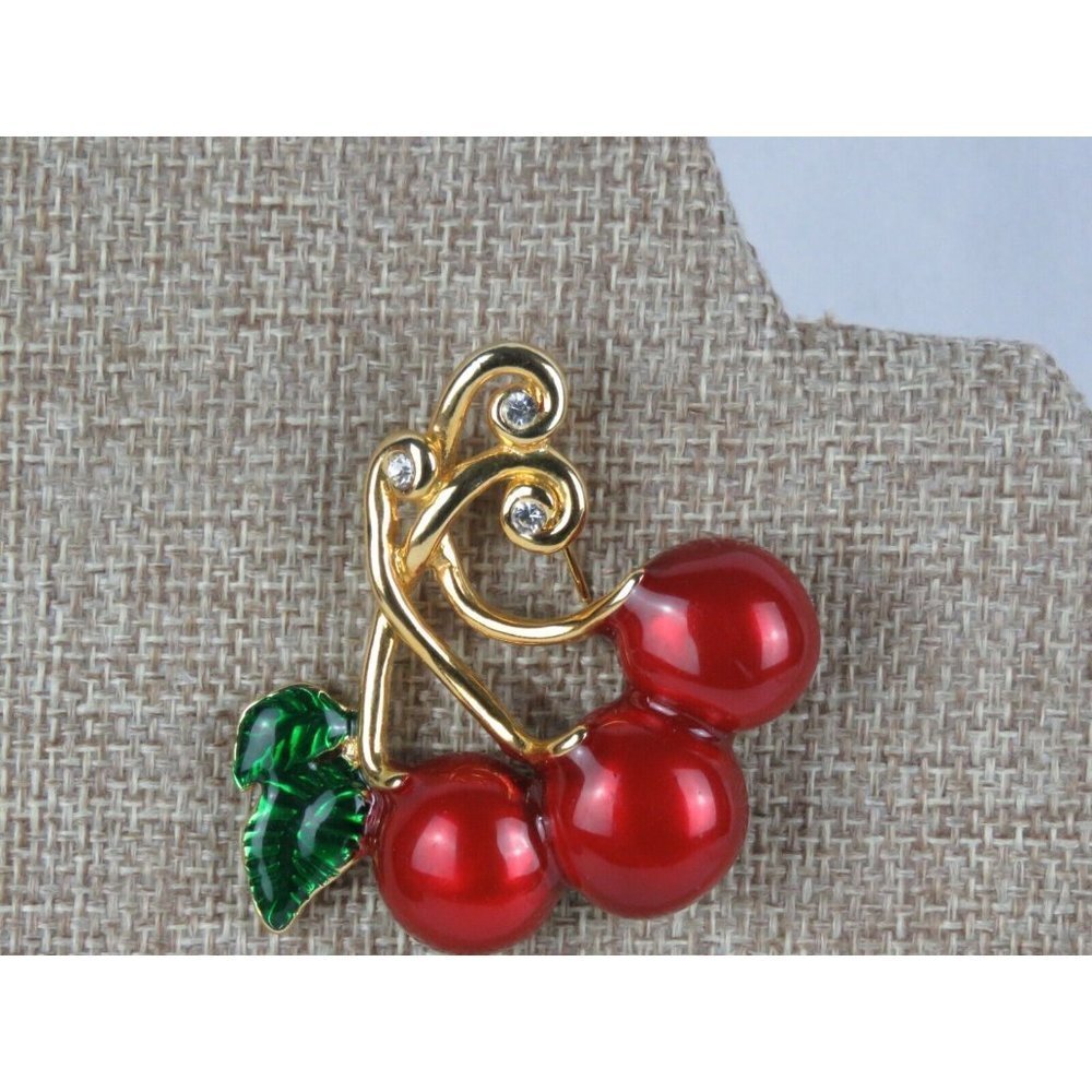 Vintage Saxon Signed Three Cherries Pendant Brooch Gold Tone Enamel Rhinestones